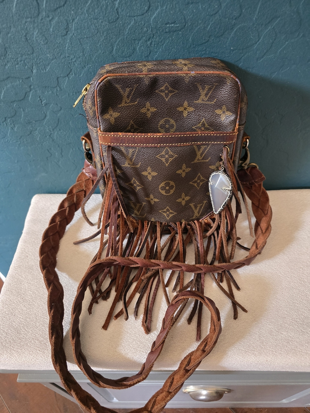 Monogram Fringe Crossbody with Braided Suede Strap - Brown